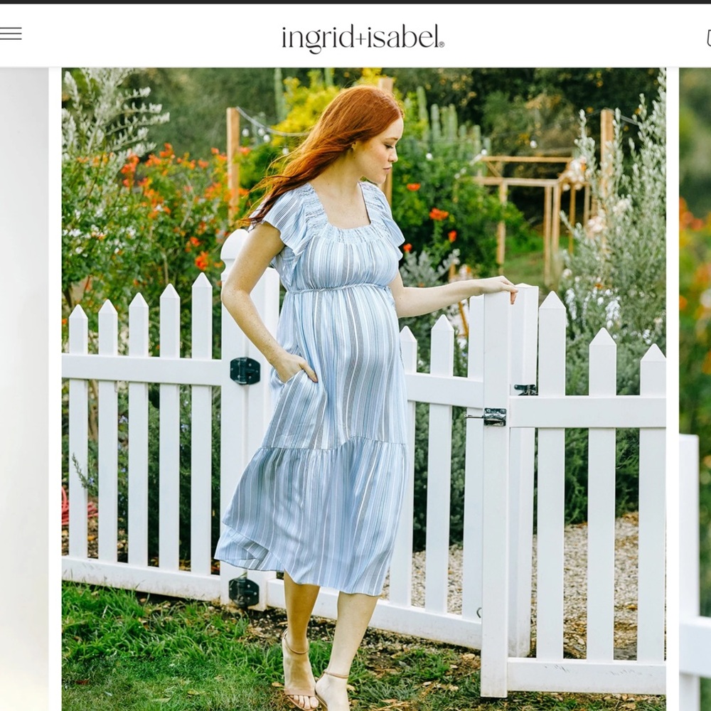 Ingrid & Isabel Flutter Sleeve Maternity Midi Dress Blue Stripe S